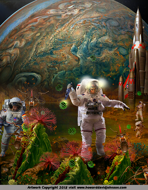 astronauts exploring against a backdrop of Jupiter painting art