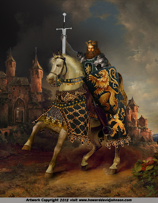 King Arthur painting on horseback with the sword of Power
