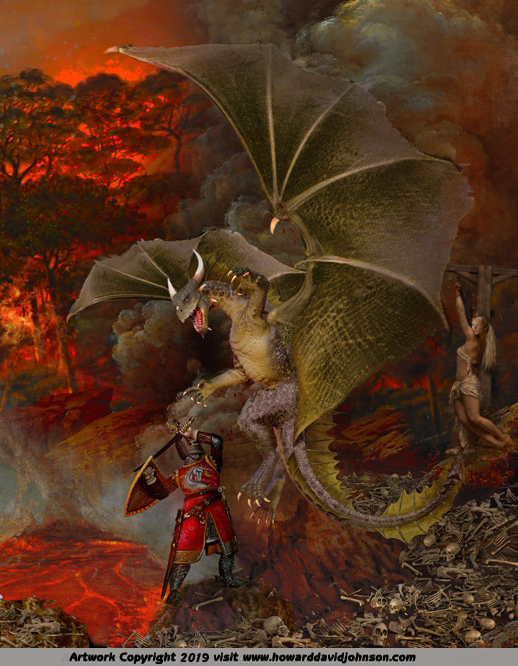 Dragon Art Kight fighting dragon fire red painting