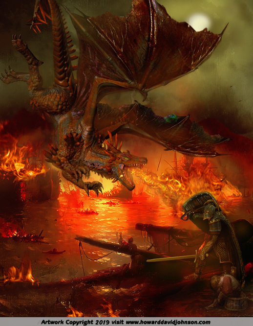 Painting of flying dragon breathing fire attacking knight at sea burning ships